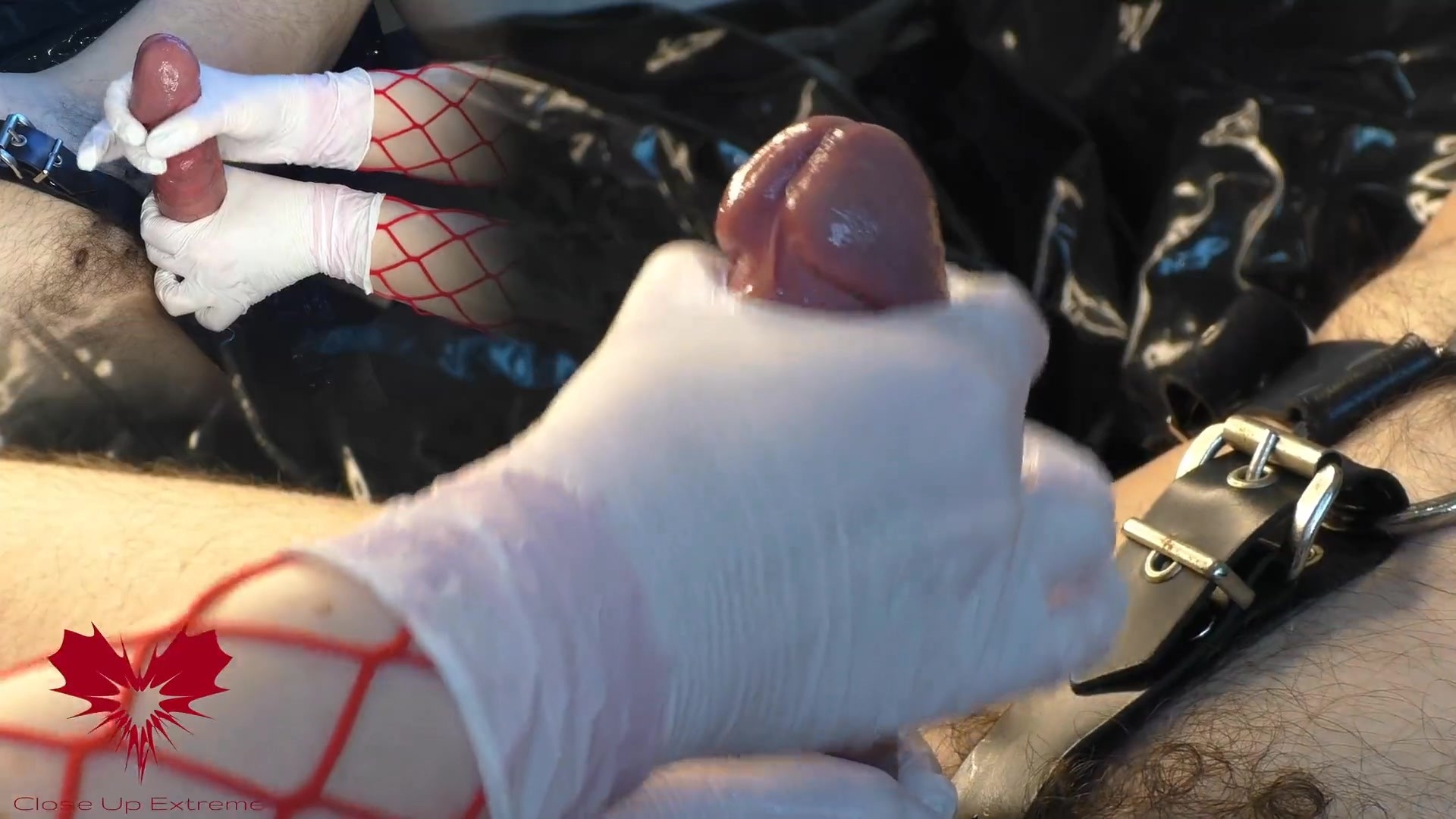 Close Up Extreme -  Mistress masturbates my cock with white gloves  I cum while she works my uret...